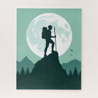 Puzzle Silhouette Hiker on Peak with Moon and Mountains