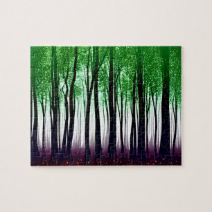 Puzzle Silhouette noire avec vert sur sol pourpre