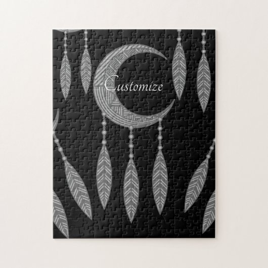 Puzzle Silver Crescent Moon Feathers (Vertical)