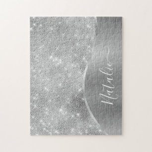 Puzzle Silver Glitter Glam Bling Personalized Metallic