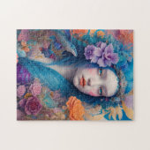 Puzzle Sirène aux fleurs de cheveux bleus et poissons vol (Horizontal)