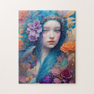 Puzzle Sirène aux fleurs de cheveux bleus et poissons vol