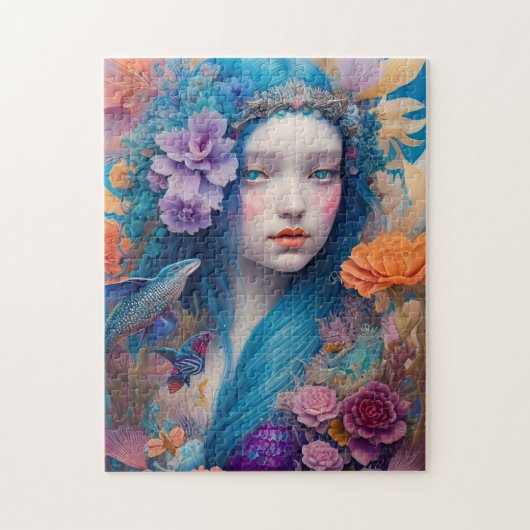 Puzzle Sirène aux fleurs de cheveux bleus et poissons vol (Vertical)