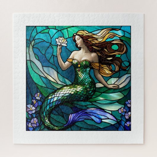 Puzzle Sirène en verre tendu admirant une fleur (Vertical)