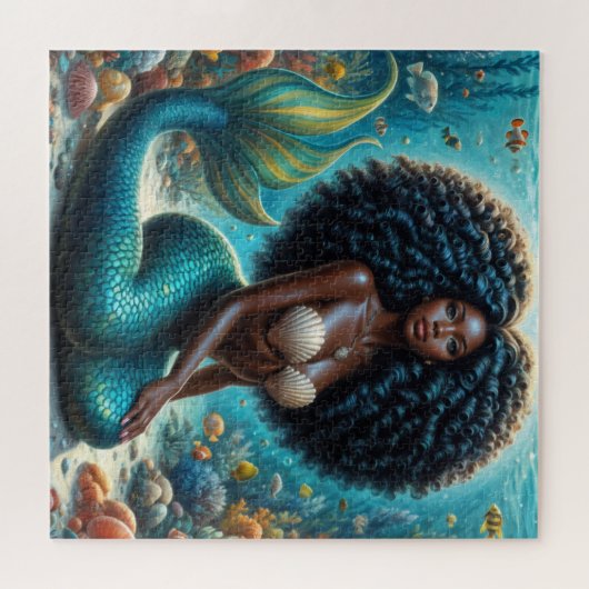 Puzzle Sirène noire à Haired Courly Art sous-marin (Horizontal)