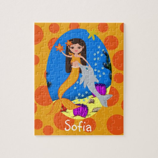 Puzzle Sirène orange dans l'océan avec un dauphin (Vertical)