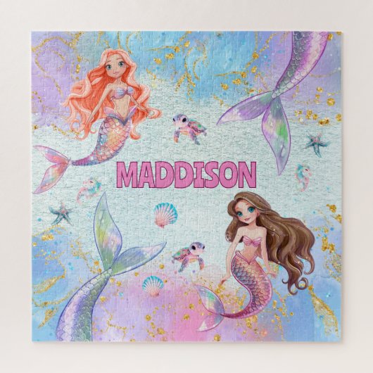 Puzzle Sirènes Paillettes Rose Violet Ajouter Nom (Vertical)