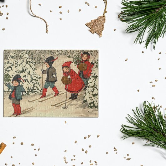 Puzzle Ski pour enfants, scène hivernale vintage