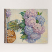 Puzzle Sleeping Ginger Cat and Hydrangeas (Horizontal)