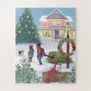 Puzzle Snowscape de réchauffement cardiaque avec enfants
