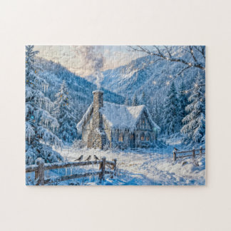 Puzzle Snowy Mountain Cottage with Smoke and Pines Painti