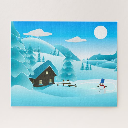 Puzzle Snowy Winter Cabine et mignon Snowman Festive (Horizontal)