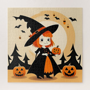 Puzzle Sorcière adorable tenant une citrouille