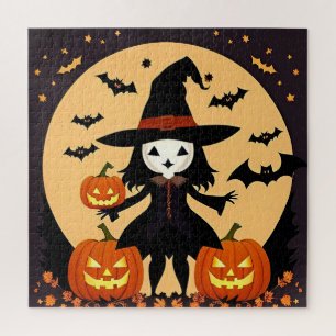 Puzzle Sorcière d'Halloween avec citrouilles