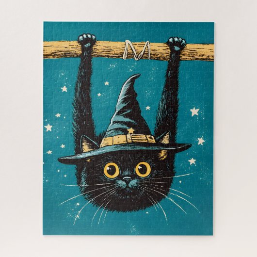 Puzzle Sorcière éffrayante de chat noir volant (Vertical)