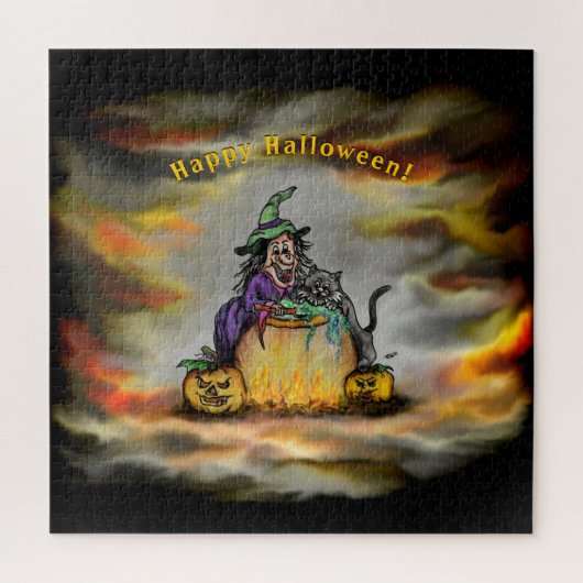 Puzzle Sorcière et chat noir, Happy Halloween ! (Vertical)