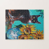 PUZZLE SOUCHES AVEC CHAT NOIR EN TURQUOISE BLEUE (Horizontal)