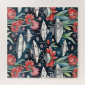 Puzzle Soucoupes à chasse en lunettes et fleurs rouges Ma (Horizontal)