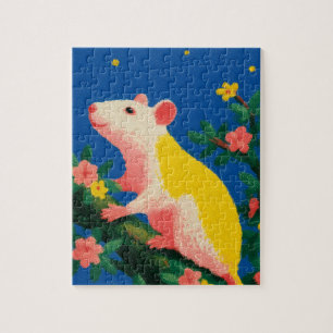Puzzle Souris mignonne sur une branche fleurie avec des l