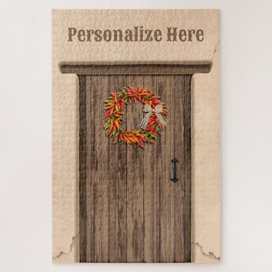 Puzzle Southwest Chile Ristra Wreath Weathered Wood Door (Vertical)