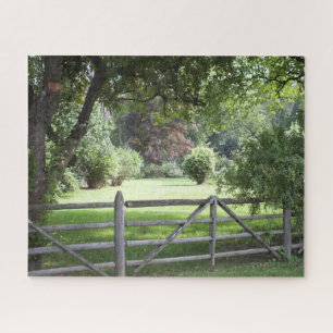 Puzzle Split Rail Fence - green grass landscaped yard