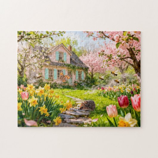 Puzzle Spring Cottage with Bees, Hedgehog and Blossoming  (Horizontal)