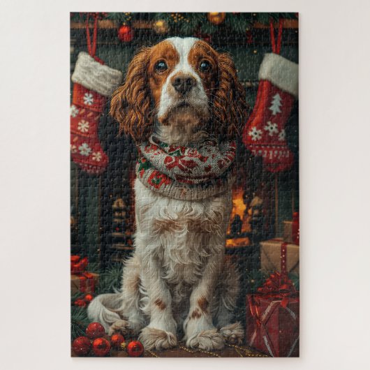 Puzzle Springer Spaniel avec un cadeau de Noël devant la (Vertical)