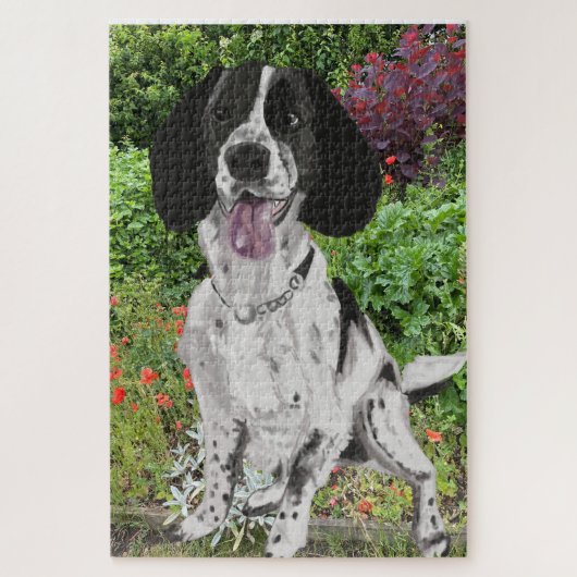 Puzzle Springer Spaniel noir et blanc sur fond de fleurs (Vertical)