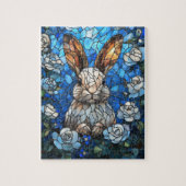 Puzzle Stained Glass Bunny with White Roses – Jigsaw Puzz (Vertical)
