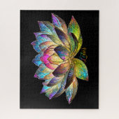 Puzzle Stained Glass Colorful Lotus Flower on Black (Vertical)