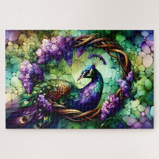 Puzzle Stained Glass Peacock Floral Wreath Art (Horizontal)