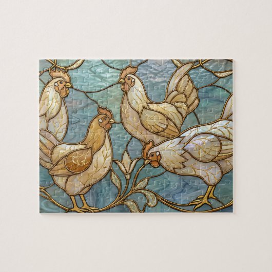 Puzzle Stained Glass Roosters Elegant Chicken Farmhouse (Horizontal)