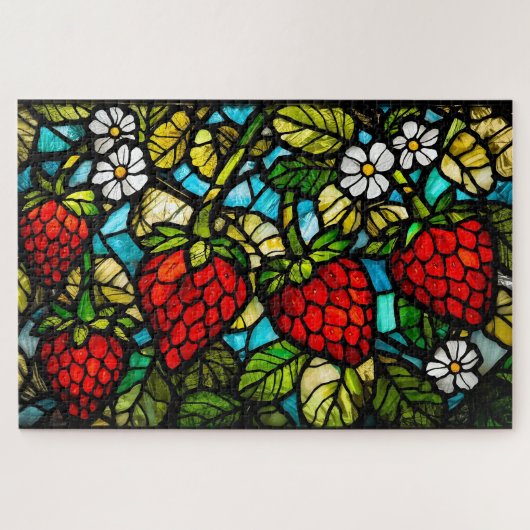 Puzzle Stained Glass Strawberries, Leaves and Flowers  (Horizontal)