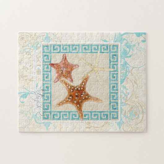 Puzzle Starfish Sea Shells Ocean Greek Key Pattern (Horizontal)