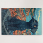 Puzzle Statue de Chiot Noir Vue sur la ville (Horizontal)