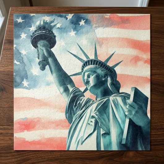 Puzzle Statue de la Liberté à l'aquarelle avec drapeau am