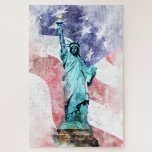 Puzzle Statue de la Liberté avec aquarelle drapeau