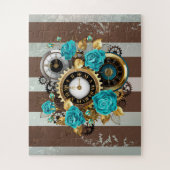 Puzzle Steampunk Clock and Turquoise Roses on Striped (Vertical)