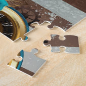 Puzzle Steampunk Clock and Turquoise Roses on Striped (Côté)