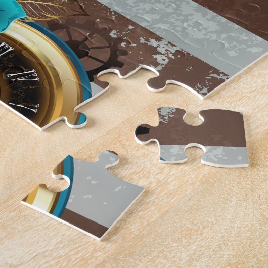 Puzzle Steampunk Clock and Turquoise Roses on Striped (Côté)