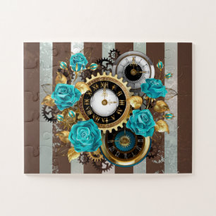 Puzzle Steampunk Clock and Turquoise Roses on Striped