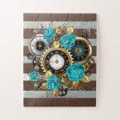 Puzzle Steampunk Clock and Turquoise Roses on Striped (Vertical)