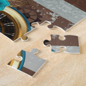 Puzzle Steampunk Clock and Turquoise Roses on Striped (Côté)