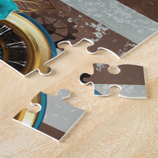 Puzzle Steampunk Clock and Turquoise Roses on Striped (Côté)