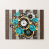 Puzzle Steampunk Clock and Turquoise Roses on Striped (Horizontal)