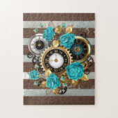 Puzzle Steampunk Clock and Turquoise Roses on Striped (Vertical)