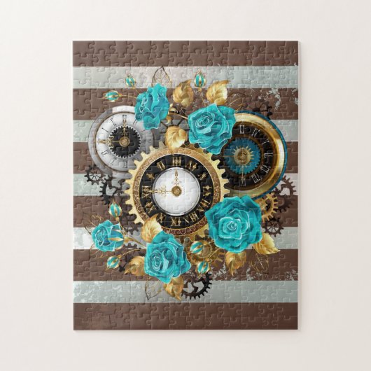 Puzzle Steampunk Clock and Turquoise Roses on Striped (Vertical)