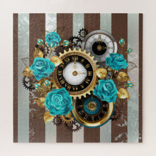 Puzzle Steampunk Clock and Turquoise Roses on Striped