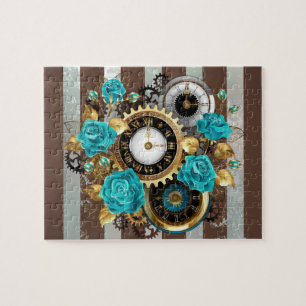 Puzzle Steampunk Clock and Turquoise Roses on Striped