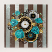 Puzzle Steampunk Clock and Turquoise Roses on Striped (Horizontal)